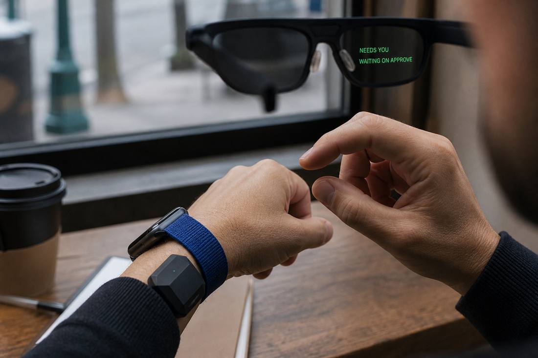 Cafe table, 1-bit HUD in generic glasses reading NEEDS YOU / WAITING ON APPROVE, TapBand on the wrist, mid-pinch.