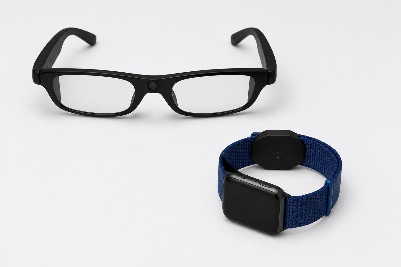 Studio flat lay: unbranded glasses and Tap WatchBand. TAP on the band only.
