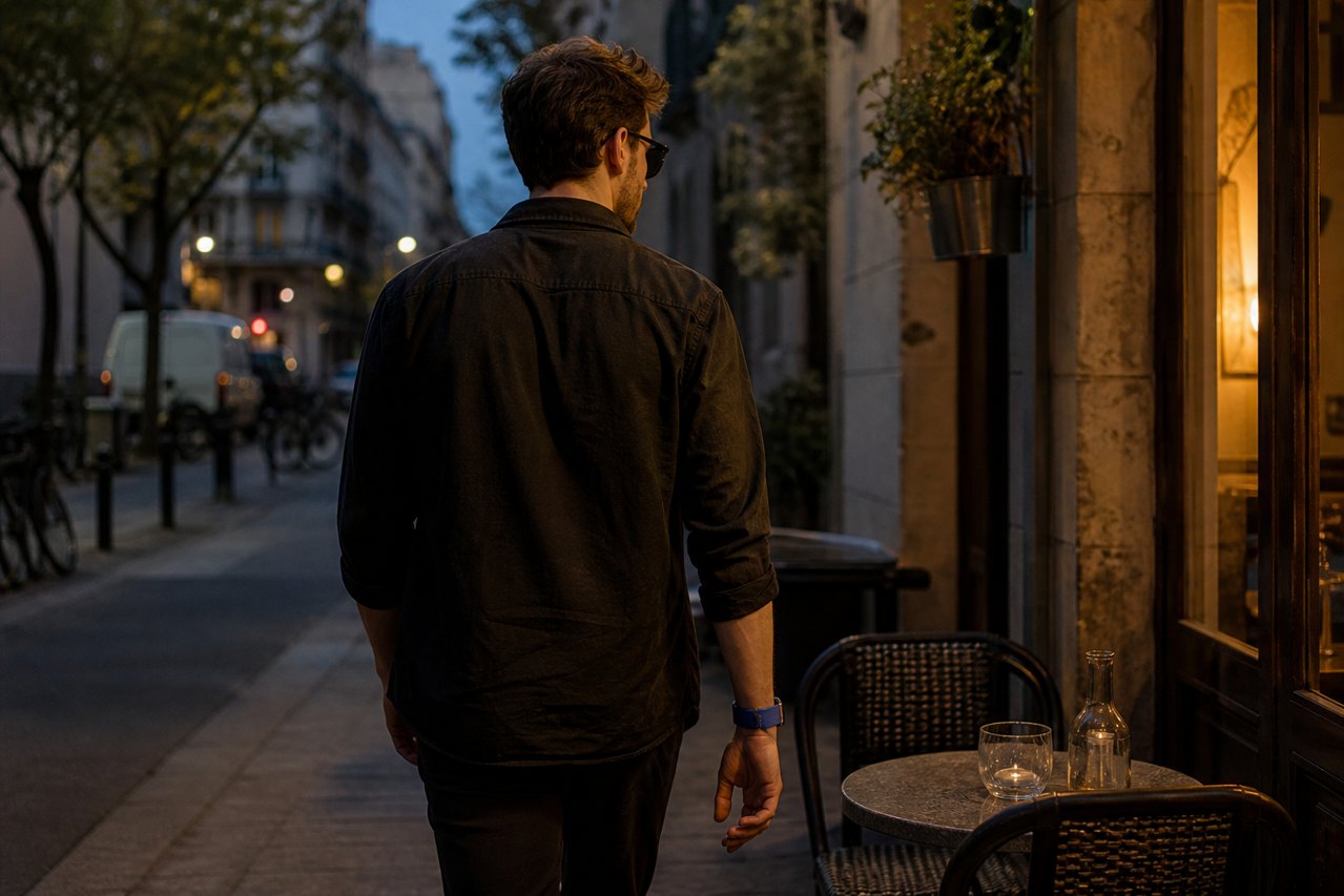 Walking on, blue TapBand on the wrist, unbranded glasses.