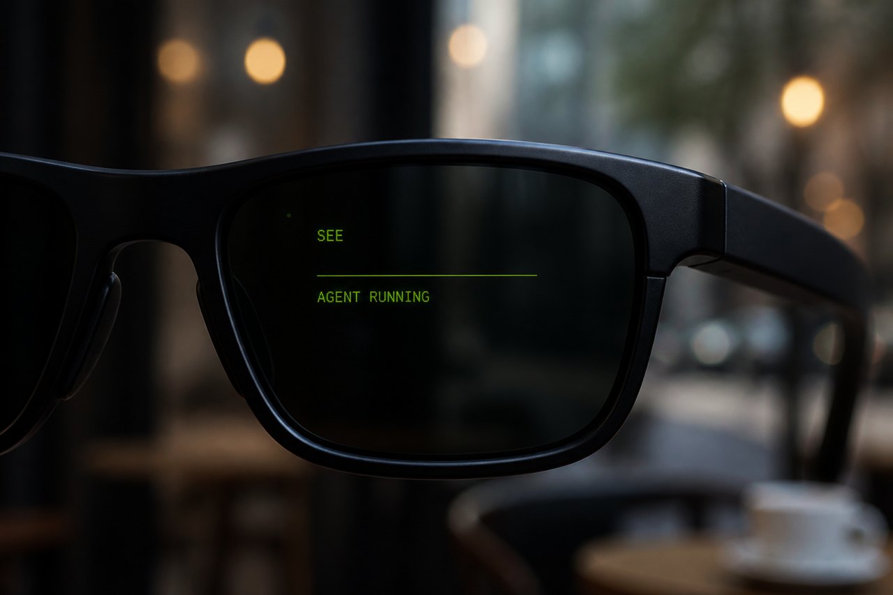 Generic glasses, 1-bit HUD reading SEE / AGENT RUNNING. No TAP on the frames.